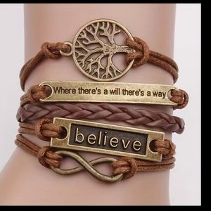 Bronze Bracelet With Leather Rope And Tree Pattern Letter BELIEVE